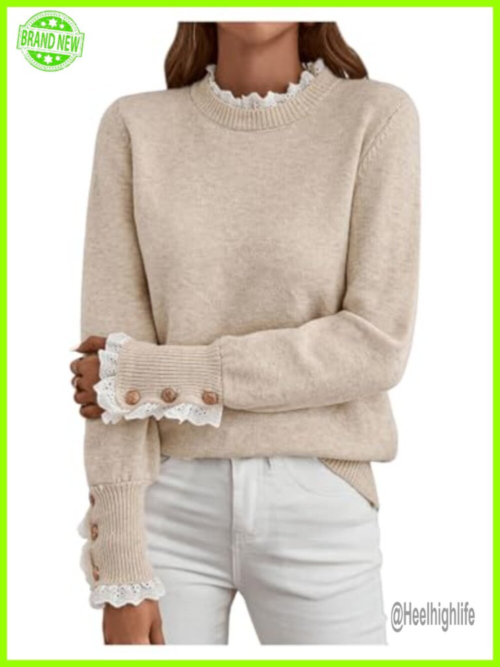 MakeMeChic Women's Lace Mock Neck Cozy Knit Pullover Sweater Fall